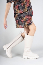 Riccon Women's Beige Tall Boots - Glossy Faux Leather Slip-On Knee-High Boots with Orthopedic Sole - Image 5