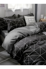 Double Duvet Cover Set in Black Geometric Print - Reversible Cotton-Blend 4-Piece Bedding with Fitted Sheet