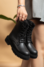 Women's Black Fur-Lined Winter Ankle Boots - Non-Slip Rubber Sole Lace-Up Booties