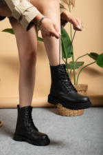 Women's Black Fur-Lined Winter Ankle Boots - Non-Slip Rubber Sole Lace-Up Booties - Image 4