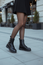 Women's Black Water-Resistant Combat Boots - Thermo Non-Slip Sole Lace-Up Winter Booties