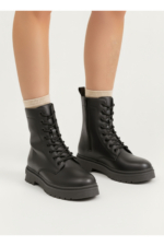 Women's Black Water-Resistant Combat Boots - Thermo Non-Slip Sole Lace-Up Winter Booties - Image 4