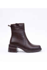Women's Brown Genuine Leather Ankle Boots - Mid-Heel Side-Zip Winter Booties