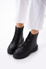 Women's Black Lace-Up Ankle Boots - Faux Leather Mid-Heel Winter Booties