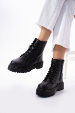 Women's Black Lace-Up Ankle Boots - Faux Leather Mid-Heel Winter Booties - Image 2