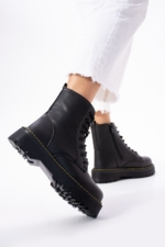 Women's Black Lace-Up Ankle Boots - Faux Leather Mid-Heel Winter Booties - Image 3