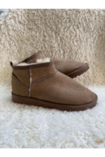 Women's Mink / Taupe Ultra Mini Faux Suede Ankle Boots - Fur-Lined Flat Winter Booties - Image 4