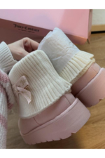 Ribbon Couture Pink Plush Textured Ankle Boots - Chunky Sole Cotton Sock Booties - Image 3