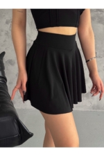 Women's Black Pleated Culotte Skort - High-Waist Stretch Mini Shorts Skirt