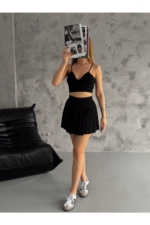 Women's Black Pleated Culotte Skort - High-Waist Stretch Mini Shorts Skirt - Image 2