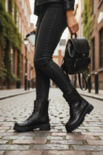 Women's Black Cold-Resistant Everyday Boots - Stitched Non-Slip Sole Lace-Up Winter Booties