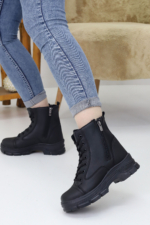 Women's Black Water-Resistant Combat Boots - Double-Zip Lace-Up Thick Sole Winter Booties (512)