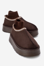 Women's Brown Chunky Sole Sock Ankle Boots - Fur-Lined Faux Suede Mini Booties