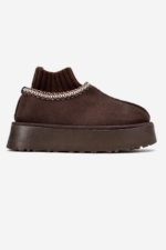 Women's Brown Chunky Sole Sock Ankle Boots - Fur-Lined Faux Suede Mini Booties - Image 2