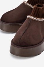 Women's Brown Chunky Sole Sock Ankle Boots - Fur-Lined Faux Suede Mini Booties - Image 3