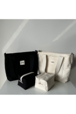 4-Piece Women's Black Canvas Handbag & Shoulder Bag Set with Makeup Pouch