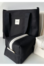 4-Piece Women's Black Canvas Handbag & Shoulder Bag Set with Makeup Pouch - Image 2