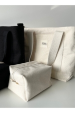 4-Piece Women's Black Canvas Handbag & Shoulder Bag Set with Makeup Pouch - Image 3