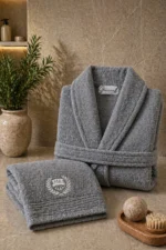2-Piece 100% Cotton Embroidered Anthracite Bathrobe & Towel Set - Bridal Collection