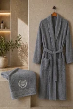 2-Piece 100% Cotton Embroidered Anthracite Bathrobe & Towel Set - Bridal Collection - Image 2