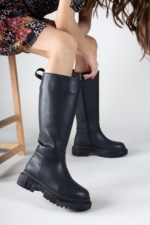 Riccon Women's Black Tall Boots - Faux Leather Slip-On Knee-High Boots with Orthopedic Sole - Image 2