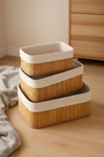 3-Piece Bamboo Multi-Purpose Rectangular Basket Set - Home and Bathroom Storage Organizer Box - Image 2