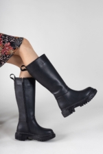 Riccon Women's Black Tall Boots - Faux Leather Slip-On Knee-High Boots with Orthopedic Sole - Image 3