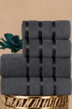 4-Piece 100% Cotton Satin Ribbon Detailed Towel Set - 2 Pcs 70x140 cm and 2 Pcs 50x90 cm Premium Anthracite Bath Towels