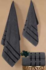 4-Piece 100% Cotton Satin Ribbon Detailed Towel Set - 2 Pcs 70x140 cm and 2 Pcs 50x90 cm Premium Anthracite Bath Towels - Image 3