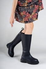 Riccon Women's Black Tall Boots - Faux Leather Slip-On Knee-High Boots with Orthopedic Sole - Image 4