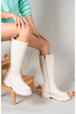 Riccon Women's Beige Tall Boots - Matte Faux Leather Slip-On Knee-High Boots with Orthopedic Sole - Image 5