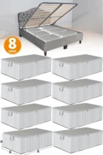 8-Piece Anthracite Striped Large Underbed Organizer Storage Bag Set - Multi-Purpose Clothes and Blanket Blanket Box (65x45x22 cm - Grey)