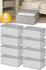 8-Piece Anthracite Striped Large Underbed Organizer Storage Bag Set - Multi-Purpose Clothes and Blanket Blanket Box (65x45x22 cm - Grey) - Image 2