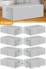 8-Piece Anthracite Striped Large Underbed Organizer Storage Bag Set - Multi-Purpose Clothes and Blanket Blanket Box (65x45x22 cm - Grey) - Image 3
