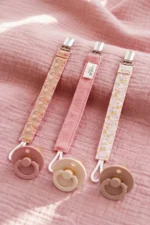 Baby Clip-On Teething Toy Holder 3-Pack Pacifier Chain Strap Girl Powder Pink Patterned Set