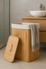 Bamboo Rectangular Laundry Hamper - Foldable Natural Wooden Clothes Storage Basket Organizer