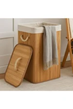 Bamboo Rectangular Laundry Hamper - Foldable Natural Wooden Clothes Storage Basket Organizer - Image 2