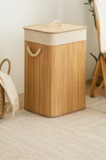 Bamboo Rectangular Laundry Hamper - Foldable Natural Wooden Clothes Storage Basket Organizer - Image 3