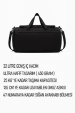 Black Front Pocket Large Travel and Sports Bag with Shoe Compartment - Image 4