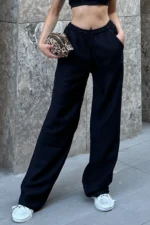 Black Linen Blend Wide Leg Trousers - Comfortable and Stylish Design