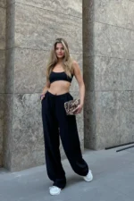 Black Linen Blend Wide Leg Trousers - Comfortable and Stylish Design - Image 2