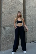 Black Linen Blend Wide Leg Trousers - Comfortable and Stylish Design - Image 3