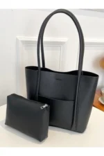 Black Shoulder Bag with Matching Pouch 2-Piece Elegant Casual Tote Set