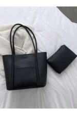 Black Shoulder Bag with Matching Pouch 2-Piece Elegant Casual Tote Set - Image 4
