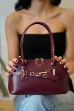 Burgundy Belt Detailed Vegan Leather Women's Crossbody Bag - Elegant & Versatile