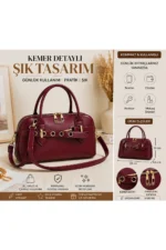 Burgundy Belt Detailed Vegan Leather Women's Crossbody Bag - Elegant & Versatile - Image 2