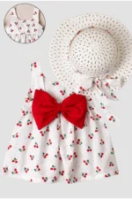 Cherry Pattern Hat Bow Baby Girl Dress Red Set