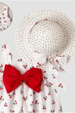 Cherry Pattern Hat Bow Baby Girl Dress Red Set - Image 2
