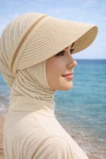 Cream Straw Visor Hat with Ribbon - Hijab Friendly Sun Protection Headband Summer Cap