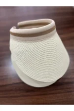 Cream Straw Visor Hat with Ribbon - Hijab Friendly Sun Protection Headband Summer Cap - Image 3